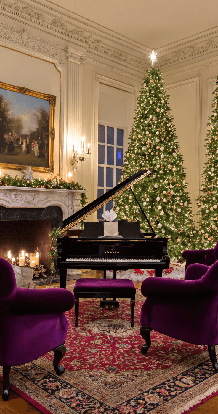 An elegant formal living room with high ceilings and ornate crown molding, featuring a grand piano adorned with candles and holiday garland, luxurious deep purple velvet armchairs, a marble fireplace, and a towering Christmas tree with crystal ornaments, all bathed in soft, warm lamplight.