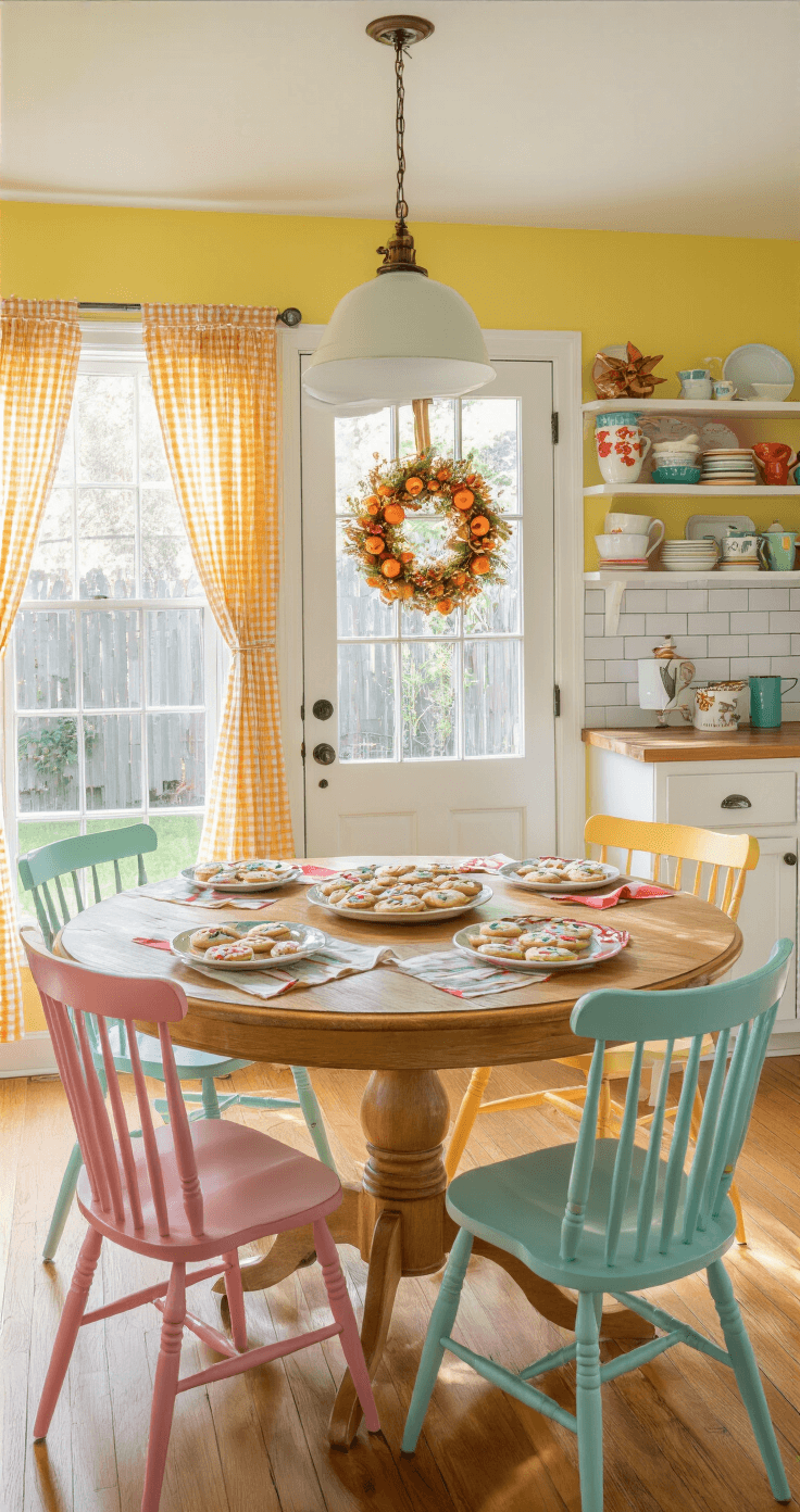 A sunny eat-in kitchen with yellow walls, white subway tile, and a round oak dining table set with festive sugar cookies. Mismatched pastel-painted chairs surround the table, and open shelving displays vintage Pyrex and holiday mugs. A wreath of dried oranges and cinnamon sticks adorns the Dutch door. Bright, warm lighting creates a cheerful atmosphere.