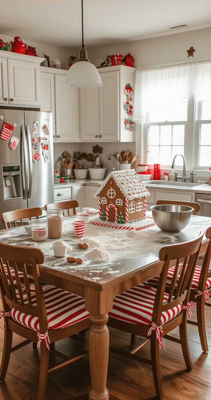 A spacious kitchen filled with morning light, featuring a chaotic island counter covered in baking supplies and flour, a precariously placed mixing bowl, and a dining table transformed into a gingerbread house construction site, all set against a backdrop of warm wood tones, whites, and holiday red accents.