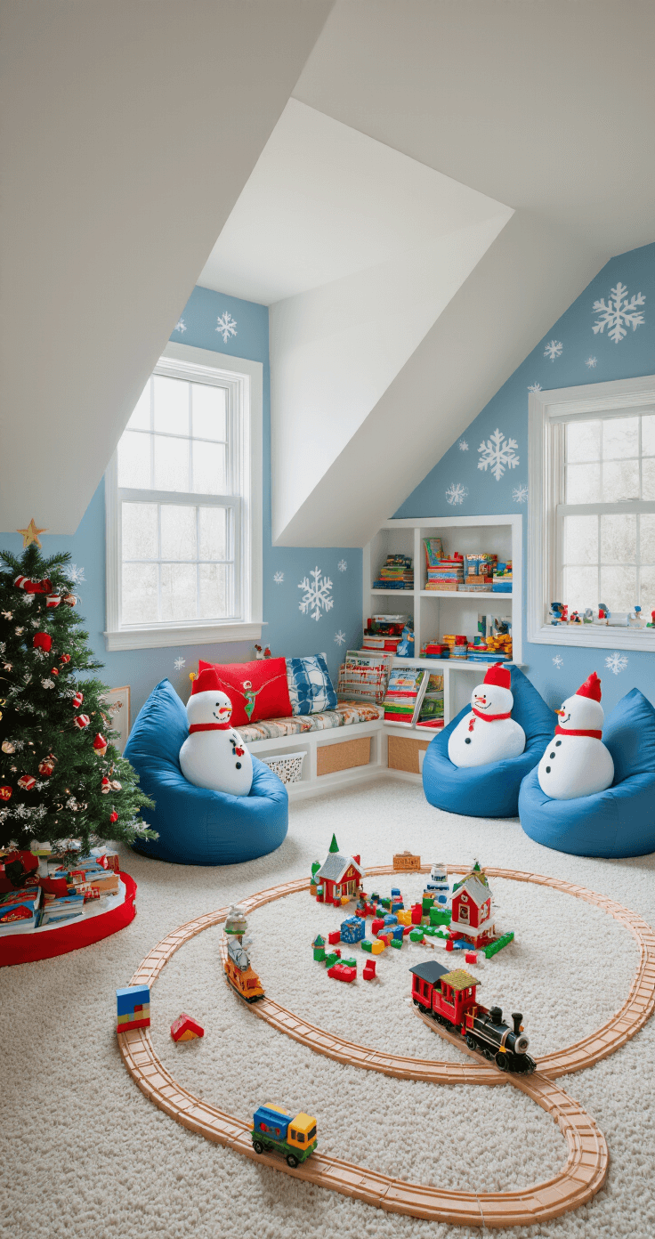 A colorful children's playroom featuring a Christmas-themed reading nook with a small decorated tree, building blocks forming a miniature village, a toy train set, and snowman-shaped bean bag chairs, all illuminated by mid-morning light filtering through dormer windows. Soft blue walls adorned with white snowflake decals complete the festive, playful atmosphere.