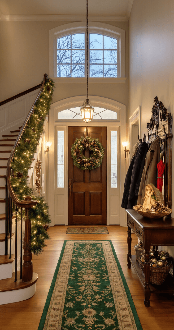 A grand entryway with a high-ceilinged staircase, decorated for the evening with warm outdoor lights, a large wreath on the door, and garland-wrapped banister, featuring a nativity scene on a console table and winter coats on an antique coat rack, all captured in a low angle shot emphasizing the space's height and inviting ambiance.