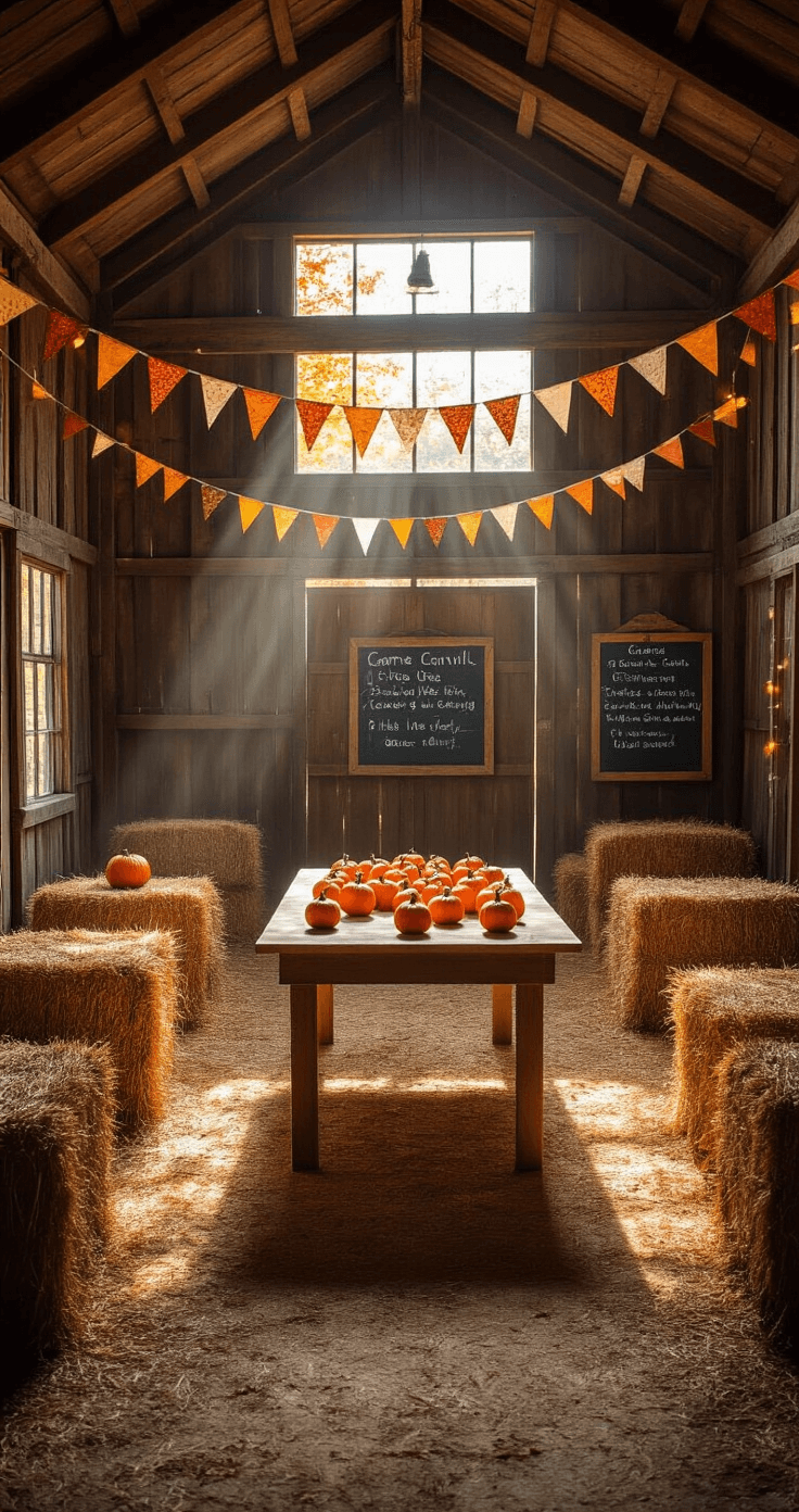 A rustic barn interior transformed into a fall carnival game area, featuring scattered mini pumpkins for ring toss, hay bale seating, autumn bunting, and string lights, all illuminated by warm afternoon sunlight.