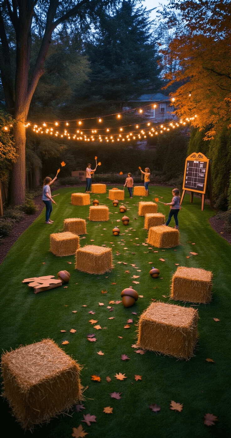 An expansive twilight backyard lawn with a winding leaf race course illuminated by string lights, featuring participants balancing autumn leaves on wooden spoons, navigating oversized foam acorns and cardboard cutout trees, with a vintage scoreboard in the background, all set against a backdrop of rich autumn colors and soft, diffused lighting.