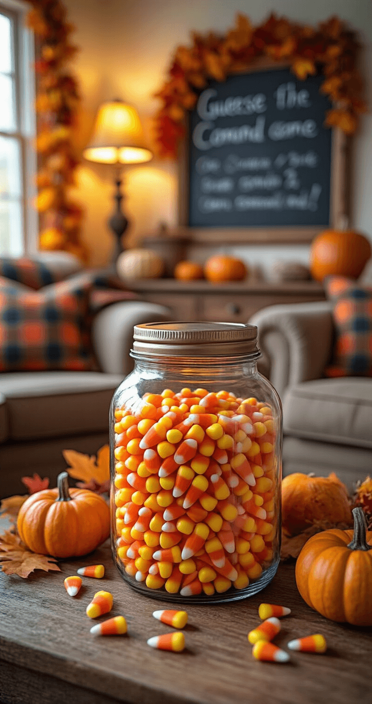 A cozy living room corner features a large antique apothecary jar filled with candy corn at the center of a rustic wooden table, surrounded by autumn leaf garlands, small pumpkins, and a chalkboard for guesses, with warm lamplight creating an inviting atmosphere, complemented by overstuffed armchairs with plaid throws.