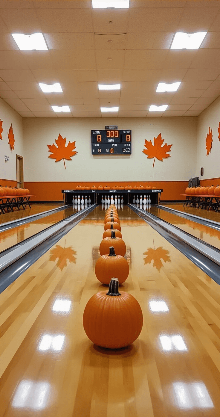 A wide-angle view of a community center gymnasium repurposed for Pumpkin Bowling, featuring polished wooden floors, three bowling lanes with plastic pins, small round pumpkins as bowling balls, a visible scoreboard and seating area, and autumnal decorations adorning the walls.