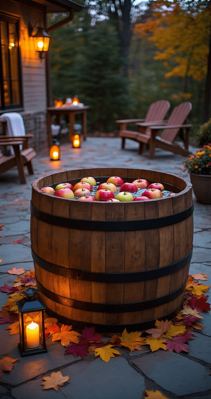 A dusk scene of a 20x20 ft outdoor patio featuring a wooden barrel of water with bobbing apples at the center, illuminated by warm tiki torches and lanterns. Colorful autumn leaves are scattered on the stone floor, with a towel rack and prize table nearby. A cozy seating area with Adirondack chairs is visible in the background, and the low-angle shot emphasizes the barrel and participants' expressions against a dramatic contrast of warm and cool lighting.
