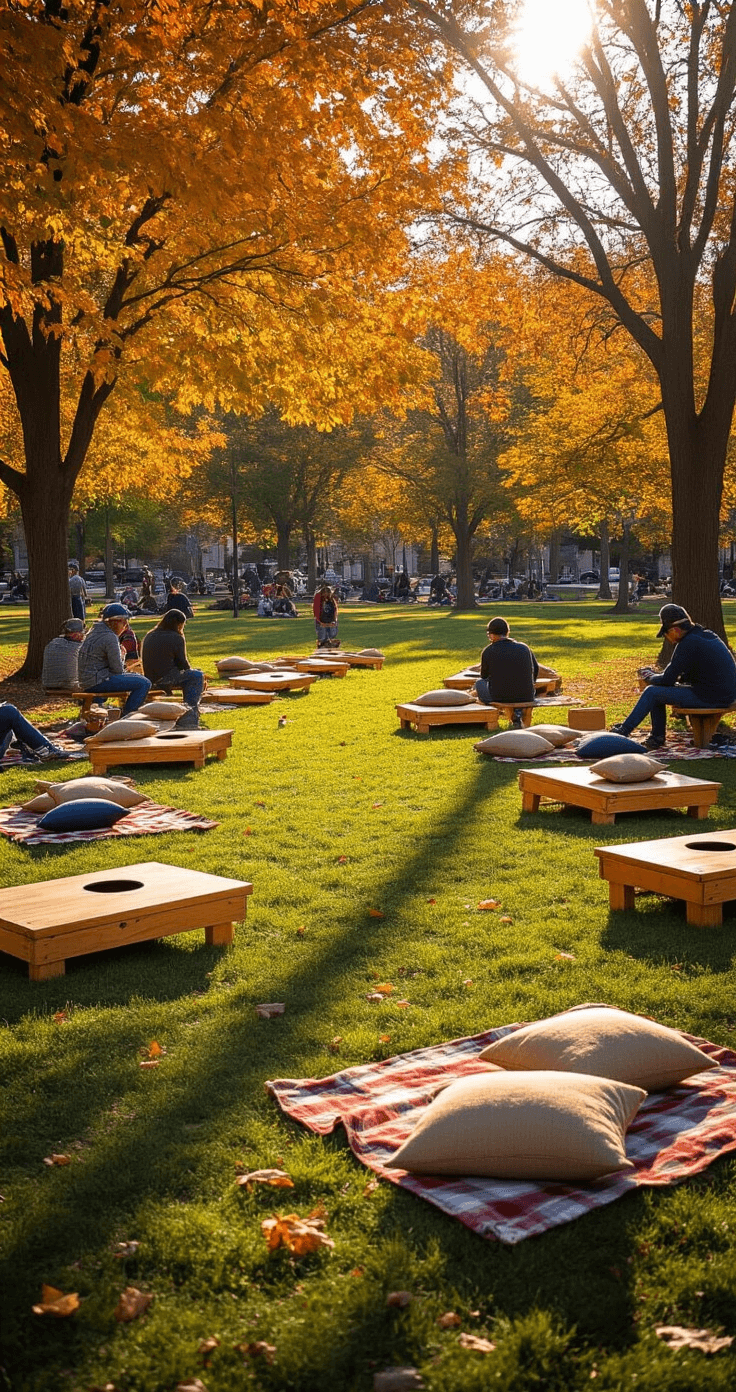 A vibrant 25x25 ft grassy area in a public park is set up for Bean Bag Bonanza, featuring fall-colored cornhole boards arranged in a semi-circle. Players toss burlap bean bags while spectators enjoy the scene from nearby picnic blankets, with trees showing autumn foliage in the background. The warm afternoon sun casts long shadows, creating depth and enhancing the colors.