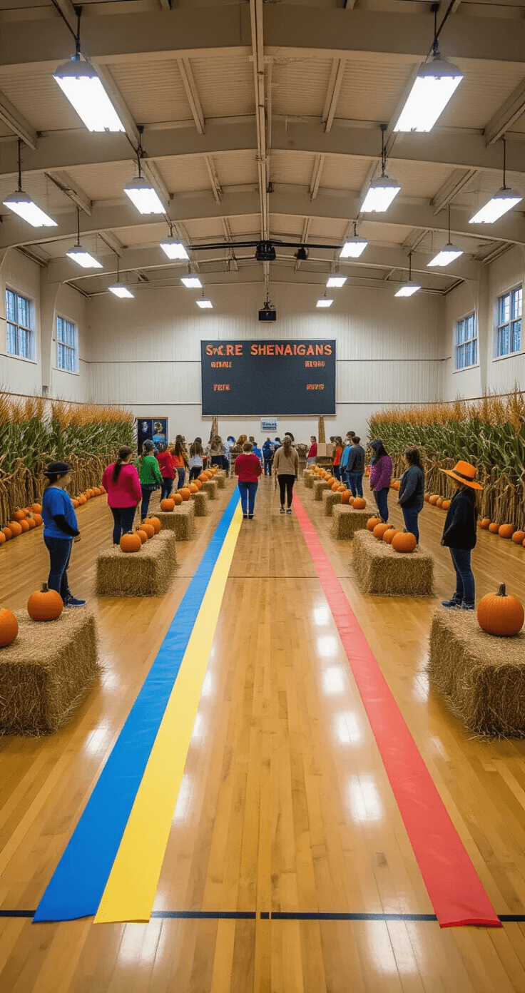 A vibrant school gymnasium transformed for the Scarecrow Shenanigans relay race, featuring four lanes marked with colorful tape, scarecrow-themed dress-up stations, hay bales, pumpkins, and corn stalks as decorations. Teams eagerly await at the starting line under bright overhead lights, with a large handmade scoreboard visible on the far wall.