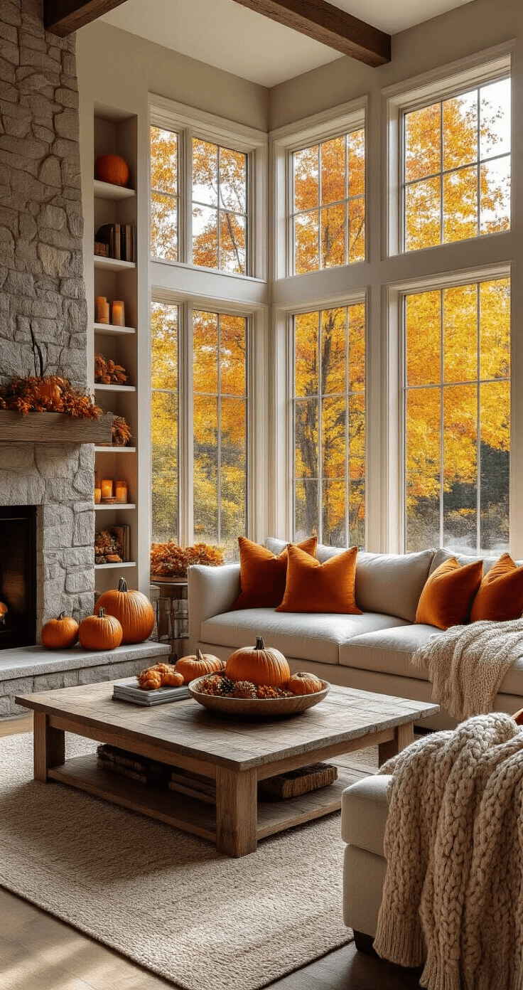 A cozy living room with warm afternoon sunlight, featuring a large bay window with autumn foliage, a beige sectional facing a rustic stone fireplace decorated with pumpkins, a weathered wood coffee table with pinecones, and built-in bookshelves with autumn decor, all emphasizing a warm color palette.