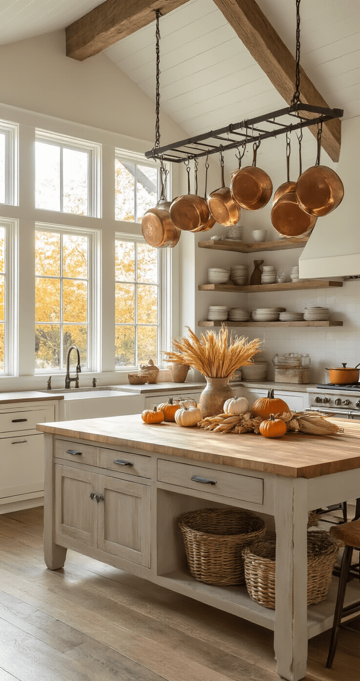 A warm and inviting farmhouse kitchen adorned for fall, featuring a large butcher block island with a rustic centerpiece of mini pumpkins and dried corn husks, illuminated by golden morning light streaming through white-framed windows, with vaulted ceilings, exposed wooden beams, and copper pots hanging overhead.