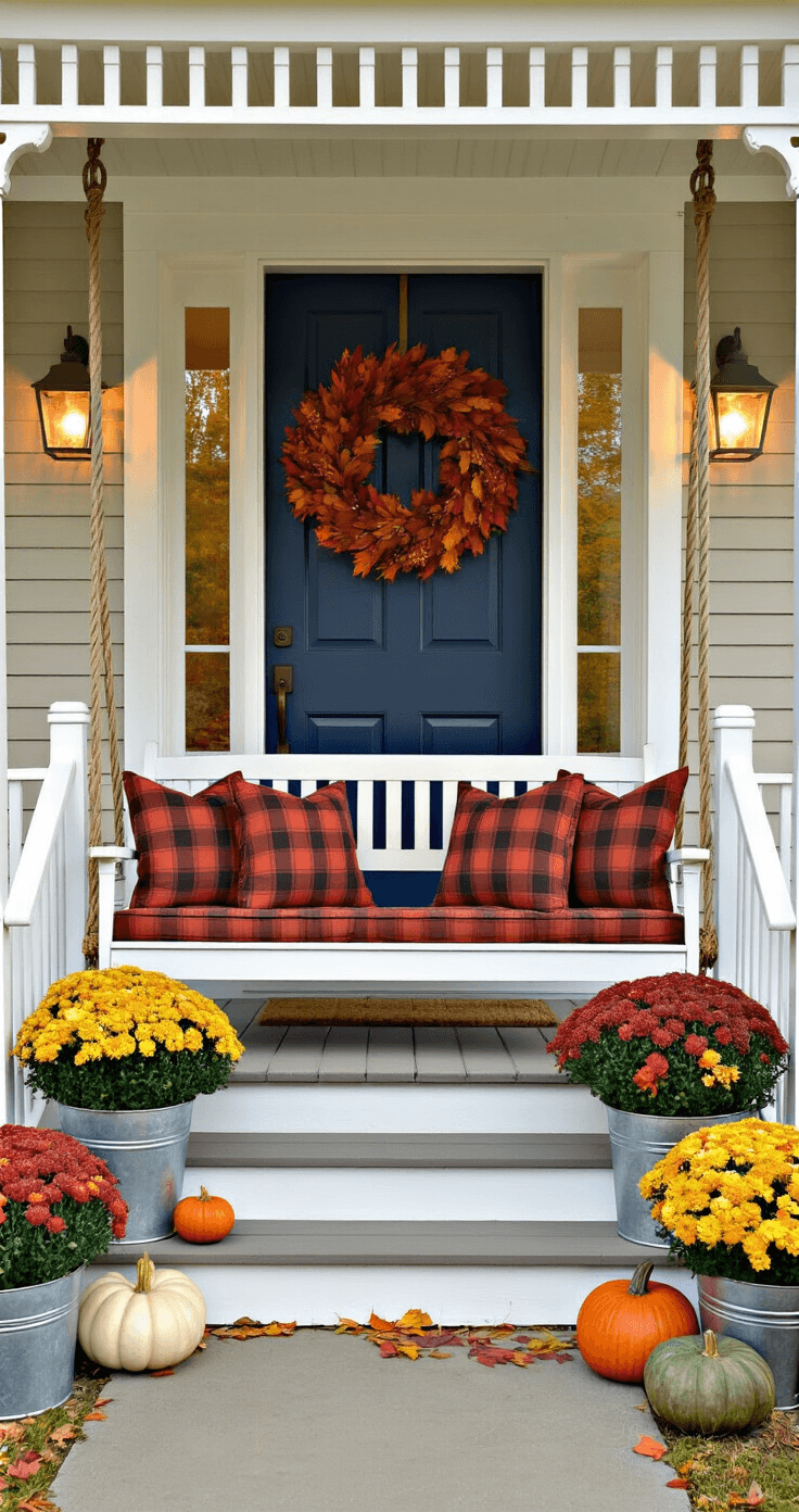 A cozy fall-themed front porch featuring whitewashed railings, a swing with plaid cushions, mums in metal buckets, a leaf wreath on a navy door, and stacked heirloom pumpkins, all softly illuminated at dusk.