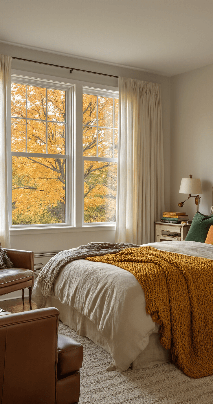 A cozy fall-inspired bedroom retreat featuring a king-size bed with cream, burnt orange, and deep green linens, a large picture window overlooking a golden-leaved maple tree, and a reading nook with a leather armchair, all illuminated by soft evening light.