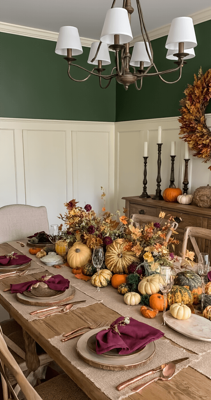 A beautifully set dining room for a fall harvest dinner, featuring a reclaimed wood table adorned with a burlap runner, pumpkins, and colorful fall foliage, surrounded by wooden chargers and cream stoneware with burgundy napkins, all under warm chandelier lighting.