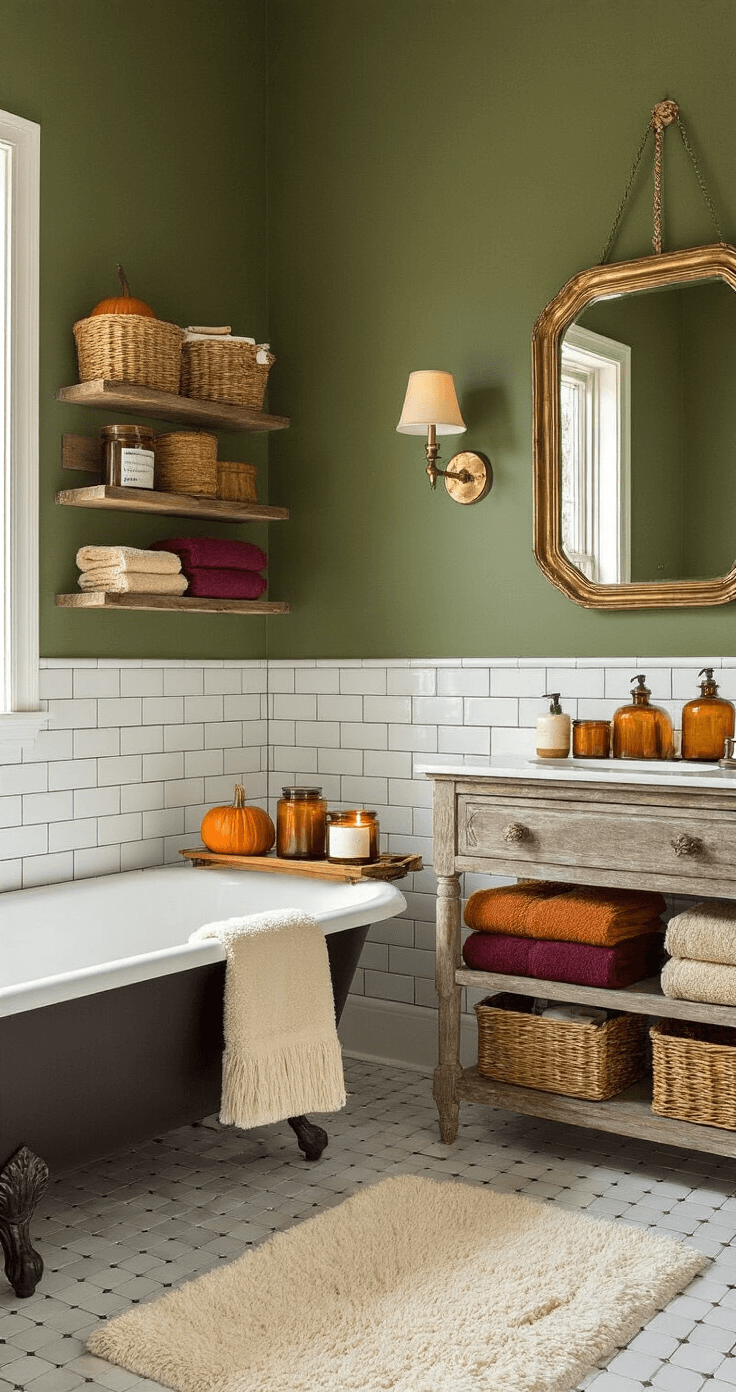 A stylish fall-inspired bathroom featuring a clawfoot tub, deep mossy green walls, white subway tiles with dark grout, wooden bath caddy with candles and a book, plush towels in warm fall colors, and a vintage brass mirror, all illuminated by soft wall sconces.