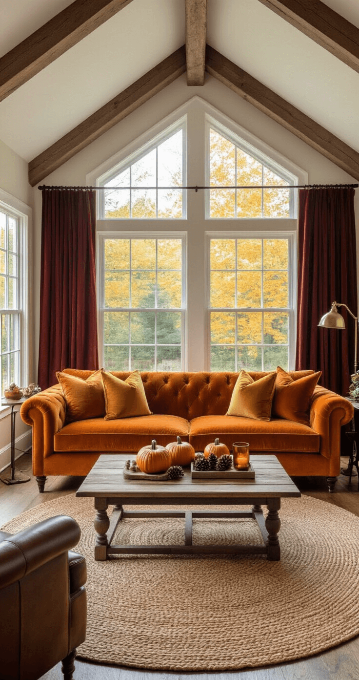 A cozy living room featuring vaulted ceilings with exposed wooden beams, illuminated by golden afternoon light through large bay windows. It has a plush orange velvet sofa with burnt sienna and mustard throw pillows, a weathered oak coffee table decorated with mini pumpkins and amber glass candle holders, rich burgundy curtains, and a large oval jute rug. A vintage brass floor lamp and a leather armchair complete the autumnal scene, captured from eye level with a wide-angle lens.