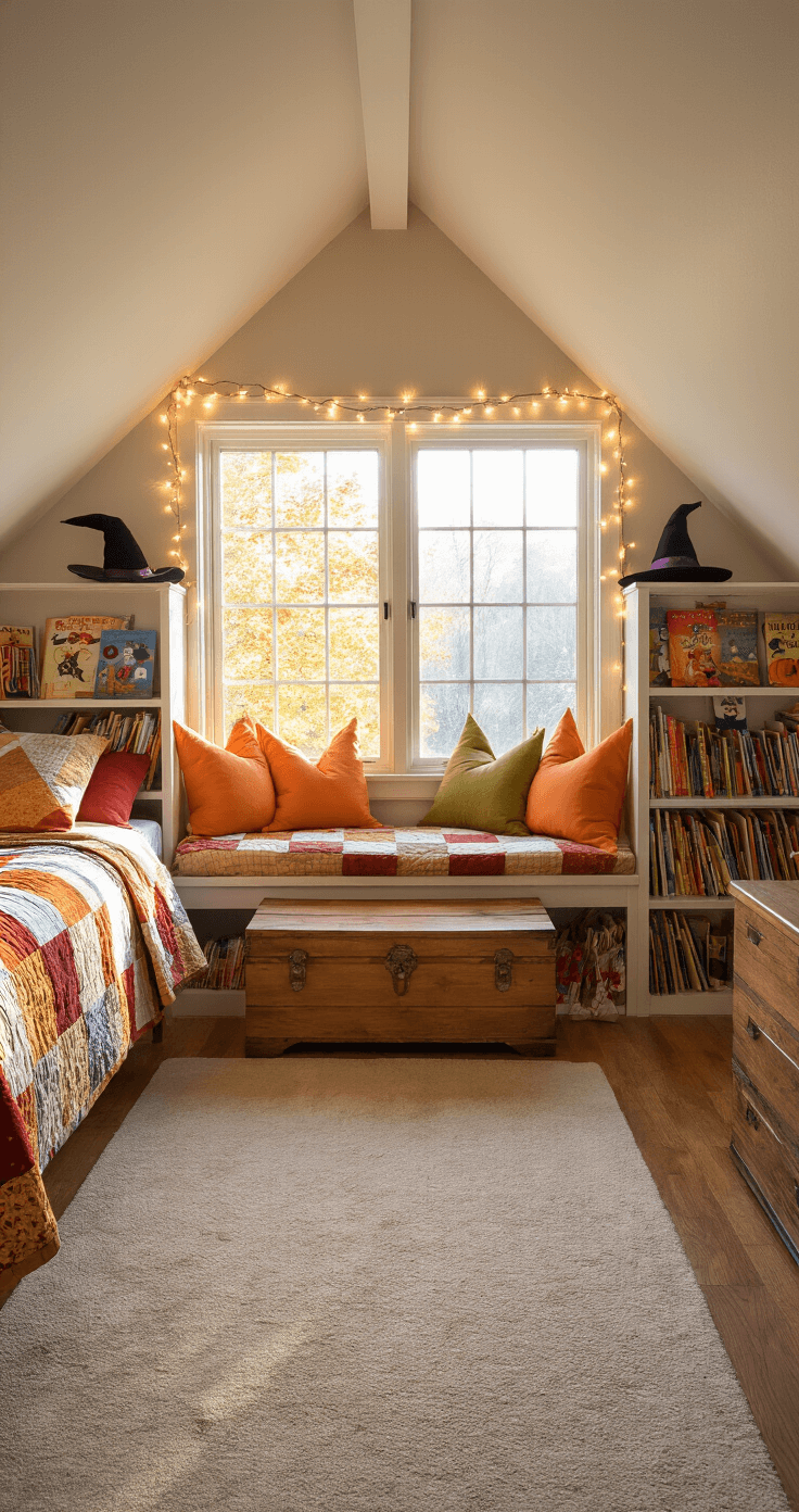 A cozy child's bedroom featuring slanted ceilings and a dormer window nook, bathed in late afternoon sunlight. A twin bed with a patchwork quilt, an autumn-themed bookshelf, and a wooden chest overflowing with costumes are present. Twinkling fairy lights adorn the window seat with leaf-shaped pillows, all captured with a whimsical fish-eye perspective.