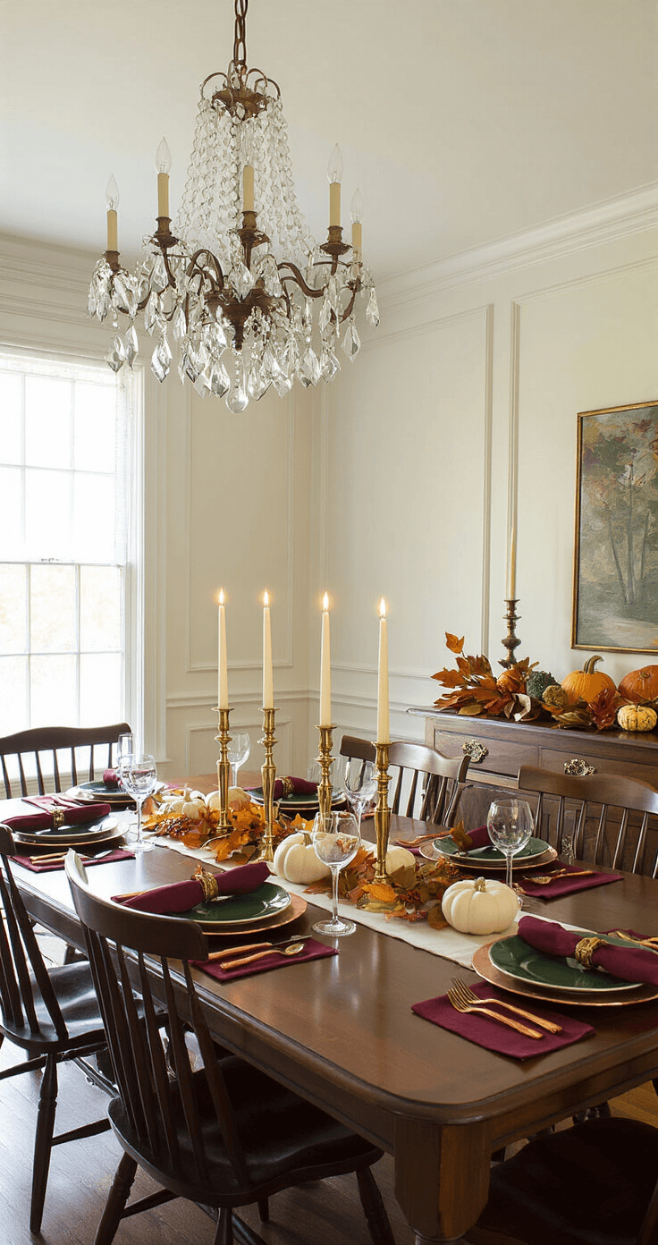A warm and intimate formal dining room set for an autumn dinner party, featuring a mahogany table adorned with copper chargers, deep green plates, and burgundy napkins, surrounded by Windsor chairs. A table runner of magnolia leaves and white pumpkins complements tall taper candles in brass holders, while a sideboard showcases a tasteful arrangement of gourds and fall foliage, all illuminated by soft candlelight and a crystal chandelier.