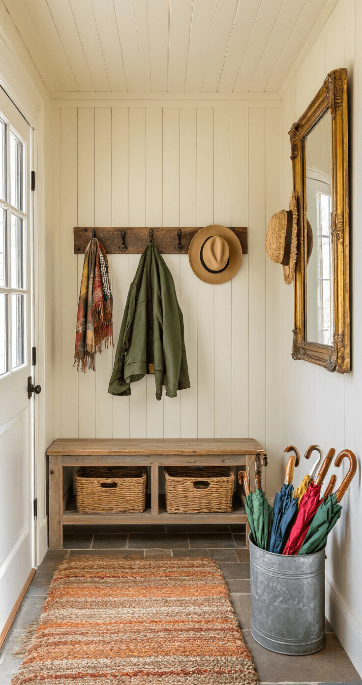 A cozy rustic mudroom with warm cream beadboard walls, illuminated by natural light from a Dutch door. It features a weathered wooden bench with baskets, iron hooks holding winter accessories, a vintage gold-framed mirror, a colorful braided rag rug, and a galvanized bucket filled with umbrellas.