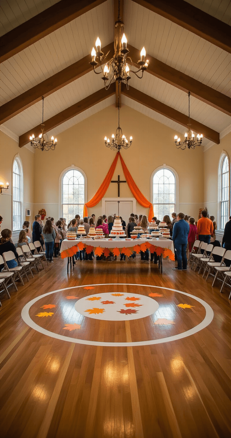 Falling for Fun: Your Ultimate Guide to Hosting a Spectacular Church Fall Festival Interior of a church hall set up for a cake walk, featuring a large circle marked on the polished floor adorned with autumn leaf decals, folding chairs with orange and red streamers, a long table of homemade cakes on vintage stands, and excited participants gathering around the circle, captured in warm, soft lighting.
