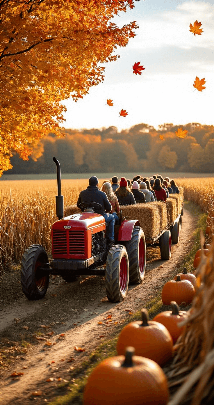 Falling for Fun: Your Ultimate Guide to Hosting a Spectacular Church Fall Festival A joyful hayride scene featuring a red tractor pulling a wagon filled with laughing passengers amidst vibrant autumn trees, pumpkins, and cornstalks, under a warm golden glow of the late afternoon sun.
