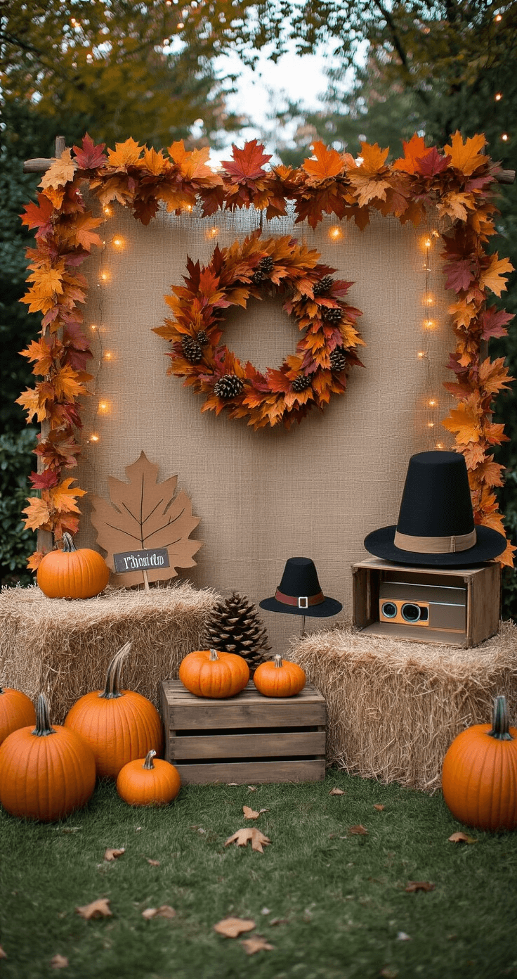 Falling for Fun: Your Ultimate Guide to Hosting a Spectacular Church Fall Festival An enchanting fall-themed photo booth in a church garden featuring a burlap backdrop with a wreath, hay bales, assorted pumpkins, a rustic crate of props, and a vintage Polaroid camera, all illuminated by soft, warm fairy lights.