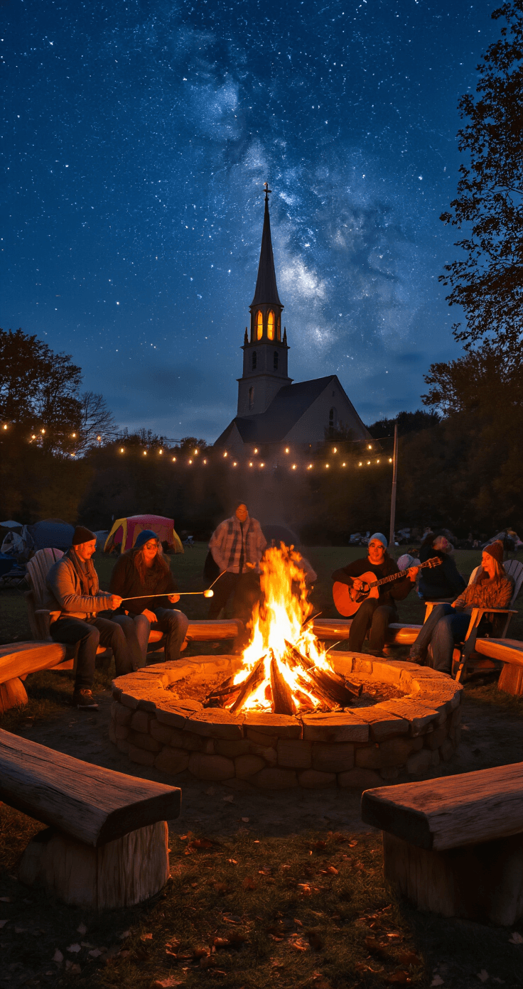 Falling for Fun: Your Ultimate Guide to Hosting a Spectacular Church Fall Festival A cozy bonfire scene at a fall festival, featuring a large fire pit surrounded by log benches and Adirondack chairs. Festival-goers roast marshmallows, illuminated by the warm firelight, while a guitar player leads a singalong. In the background, a church spire silhouetted against a starry sky. The air is filled with the aroma of woodsmoke and s'mores, creating an intimate and reflective mood.