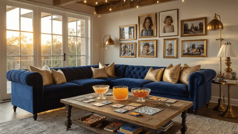 A vibrant living room during golden hour, featuring a luxurious navy L-shaped sofa with gold and cream throw pillows, a wood coffee table with board games and a punch bowl, twinkling string lights, and a gallery wall of childhood photos; colorful balloons float overhead, and scattered jewel-toned floor pillows create cozy seating areas.