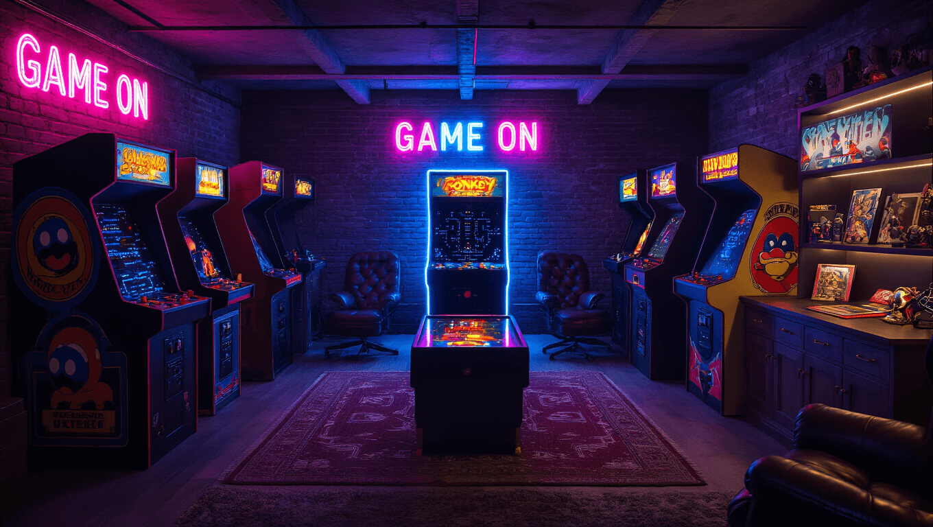 A hyperrealistic wide-angle photograph of a dimly lit basement arcade featuring vintage arcade cabinets, dynamic RGB LED lighting, and a neon "GAME ON" sign, with polished concrete floors and plush leather chairs in a nostalgic gaming atmosphere.