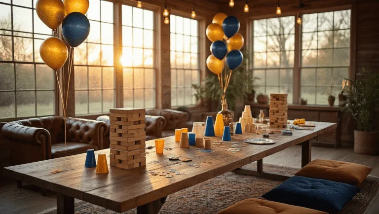A rustic-modern living room during golden hour, featuring a farmhouse table decorated with gold and navy balloons, a Jenga tower, and colorful balloons. Mismatched chairs, warm wood floors, and Edison bulb string lights enhance the ambiance, with a cozy game area and appetizers in the foreground.
