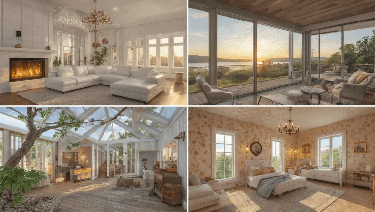 Cinematic collage of luxurious Bloxburg home interiors showcasing six architectural styles, including a modern mansion, cozy cottage, coastal living room, whimsical treehouse bedroom, minimalist Scandinavian great room, and Victorian parlor, all rendered in photorealistic 8K with dramatic lighting and rich textures.