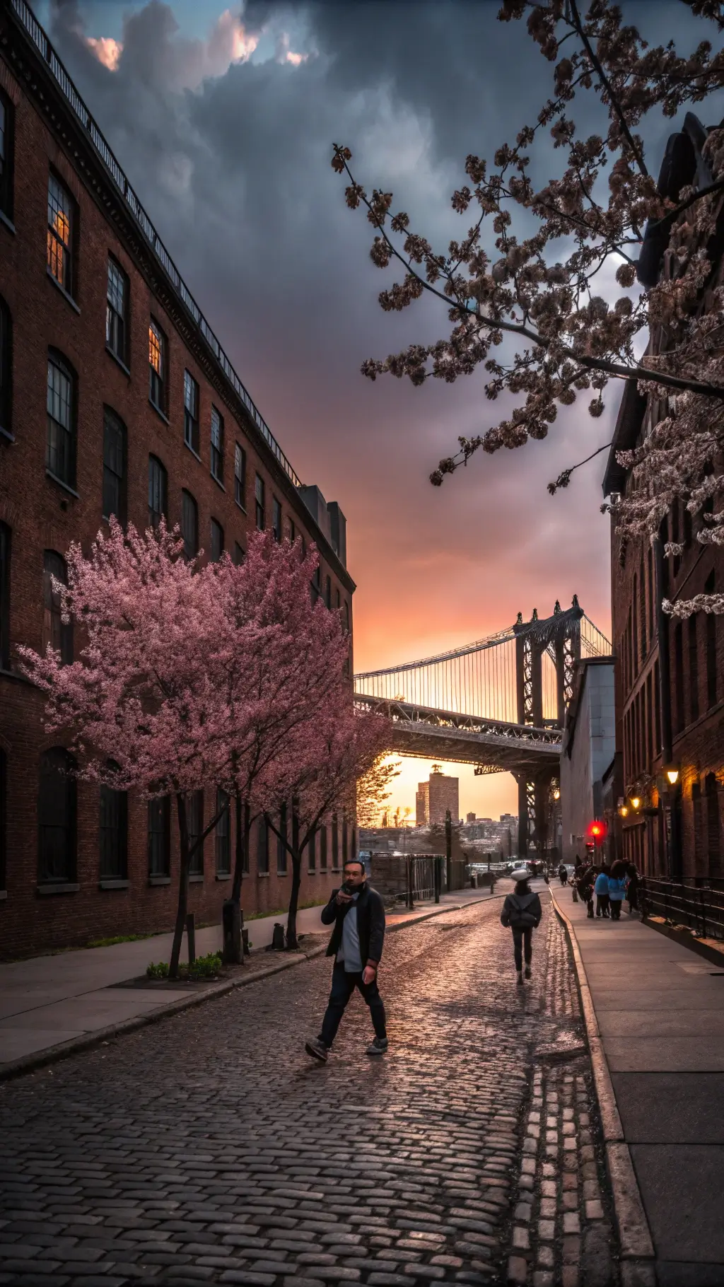 Photographer capturing a Brooklyn street scene at dusk in early spring with blooming cherry blossom trees, industrial brick buildings, dramatic purple and orange sky.