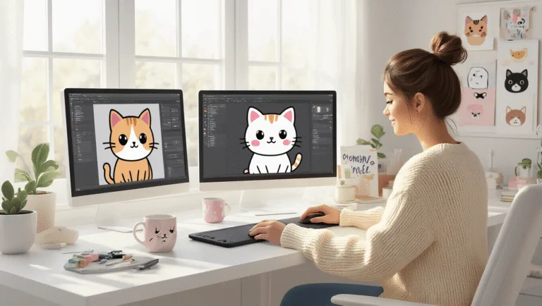 A modern home office with a minimalist white desk, featuring multiple monitors showing kawaii cat designs, a digital drawing tablet, and a mood board of cat artwork, illuminated by morning sunlight. A cozy cream sweater is draped over the designer's chair, alongside a cat-themed coffee mug, all in a soft pastel color palette.