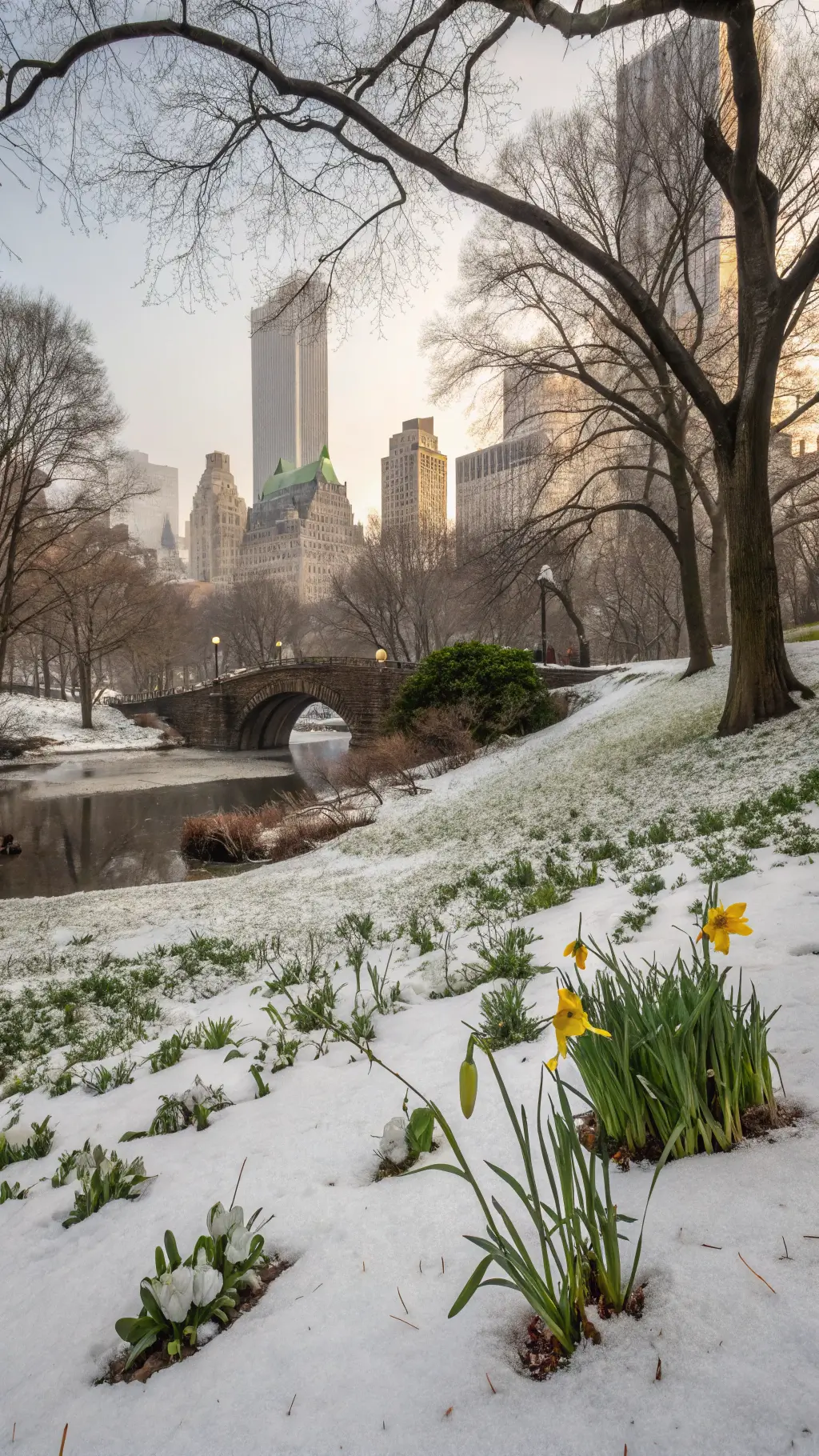 Early spring morning in Central Park, New York City with a mix of winter and spring landscapes, solitary daffodil in the foreground, and skyline in the distance.