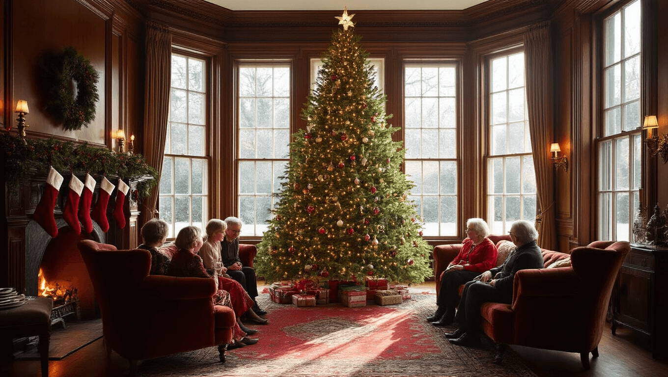 A festive Victorian living room during Christmas, featuring a large decorated tree, family members playing charades, warm sunlight through bay windows, and cozy decor like a Persian rug, garlands, and stockings.