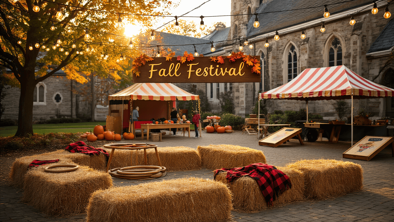 A vibrant church courtyard filled with fall festival activities, featuring hay bales, Edison lights, a "Fall Festival" sign, and families enjoying the festive atmosphere under golden hour sunlight.