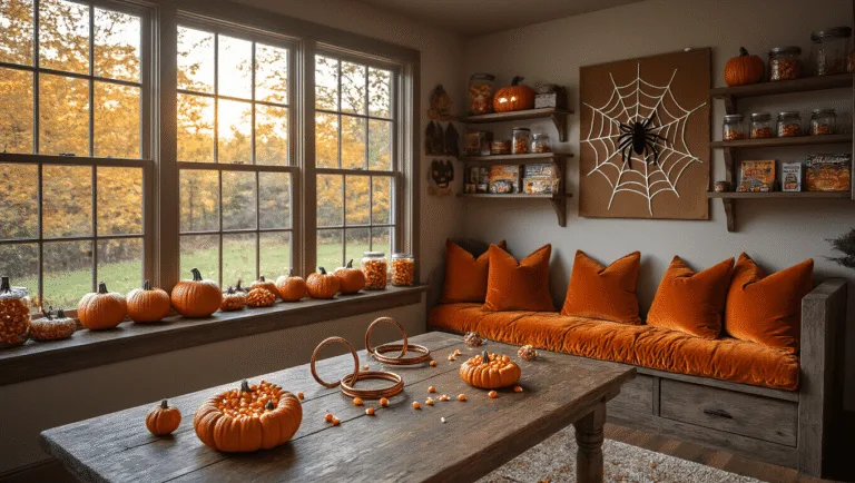 A cozy autumn-themed game room featuring a weathered oak table with fall game stations, large bay windows with golden hour lighting, a plush orange velvet reading nook, and rustic decor, all captured in hyperrealistic detail.