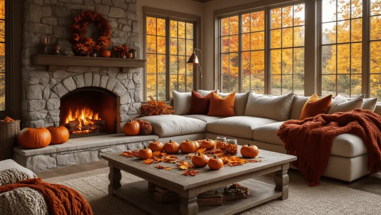A cozy autumn living room with a warm stone fireplace, bay windows displaying fall foliage, and a large beige sectional sofa adorned with chunky knit throws. A weathered wood coffee table is set with mini pumpkins, colorful autumn leaves, and mason jars filled with game supplies. Soft sunlight casts long shadows, highlighting copper and brass accents in a rich autumn color palette. Vintage board games, scattered pinecones, and glowing lanterns complete the inviting scene.
