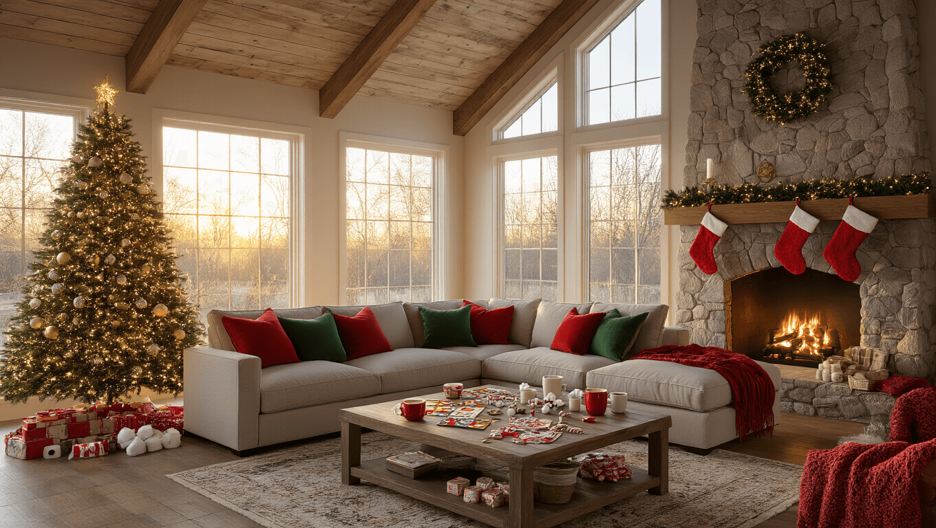 A cozy Christmas living room featuring a 7-foot tree decorated with white lights and gold ornaments, a plush sectional with festive pillows, a stone fireplace adorned with stockings, and a rustic coffee table scattered with board games, candy canes, and mugs of hot cocoa, all illuminated by warm golden hour light and string lights.