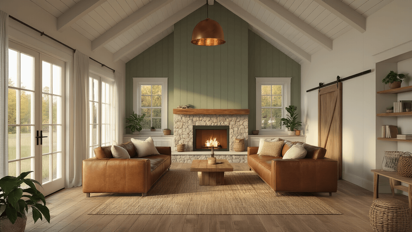 Photorealistic 3D render of a cozy cottage interior featuring warm evening lighting, cream-colored walls with sage green accents, rustic wooden floors, a stone fireplace, and modern Scandinavian-inspired furniture, complemented by potted plants and a woven area rug.