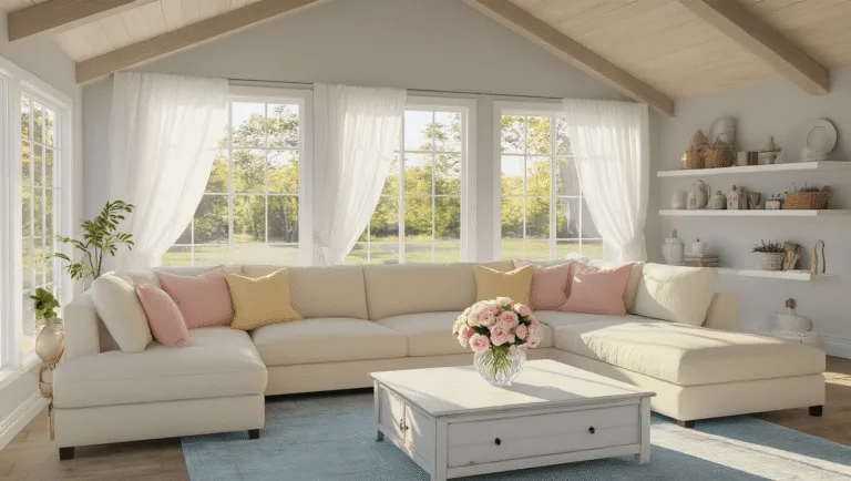 A sunlit modern cottage living room featuring a vaulted ceiling with wooden beams, plush cream sectional sofa with colorful throw pillows, distressed white coffee table with a crystal vase of pastel peonies, and light gray walls adorned with vintage decor, all captured in a warm, ethereal atmosphere.