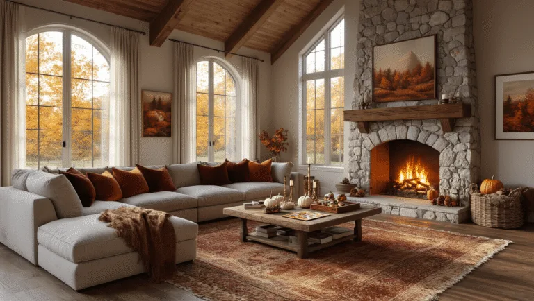 A cozy living room during golden hour with vaulted ceilings, a grand stone fireplace, and large bay windows filtering autumn sunlight. The space features a plush L-shaped sectional sofa decorated with warm-colored throw pillows, a reclaimed wood coffee table with vintage board games and autumn decor, and a gallery wall of autumn-themed artwork. Soft ambient lighting enhances the inviting atmosphere.