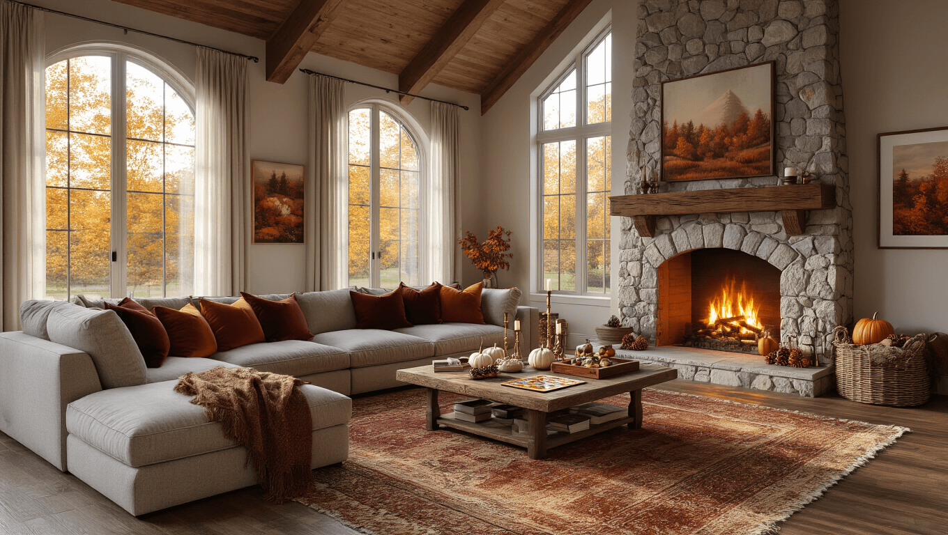 A cozy living room during golden hour with vaulted ceilings, a grand stone fireplace, and large bay windows filtering autumn sunlight. The space features a plush L-shaped sectional sofa decorated with warm-colored throw pillows, a reclaimed wood coffee table with vintage board games and autumn decor, and a gallery wall of autumn-themed artwork. Soft ambient lighting enhances the inviting atmosphere.