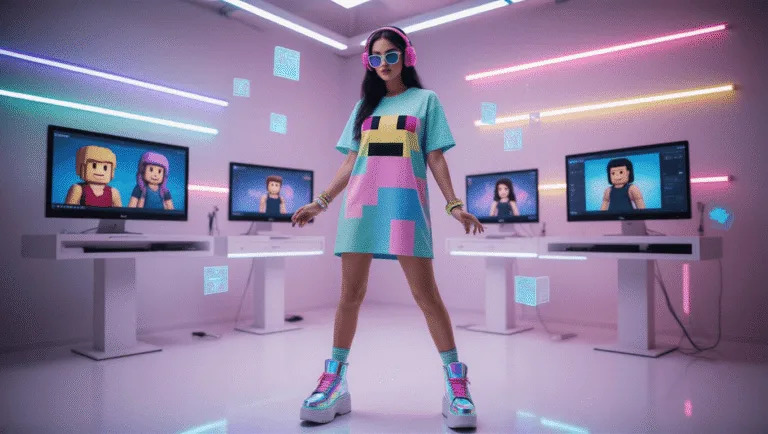 A fashion influencer poses in a modern photography studio adorned with RGB lighting, wearing a pastel pixel art T-shirt dress complemented by neon accessories and holographic platform sneakers, while surrounded by screens displaying Roblox avatars and ethereal digital elements in a soft, cyber-punk atmosphere.