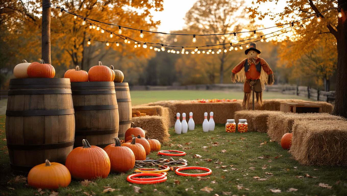 A charming fall festival setup featuring vintage wooden barrels of pumpkins, hay bales with game stations, and string lights overhead, all bathed in warm golden hour lighting.