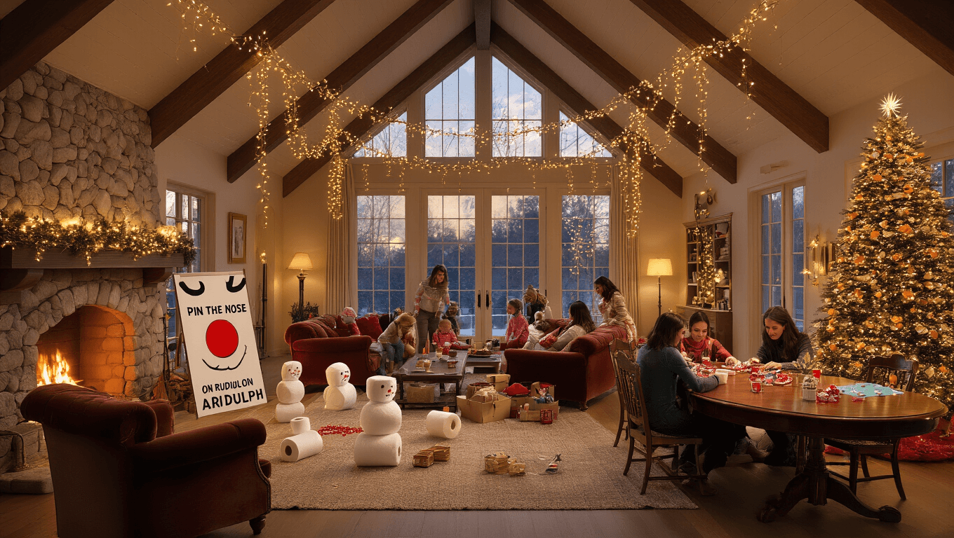 A warm and festive family game night scene in a grand living room with vaulted ceilings, featuring various activity stations, a towering Christmas tree, and a cozy ambiance enhanced by string lights and winter decor.