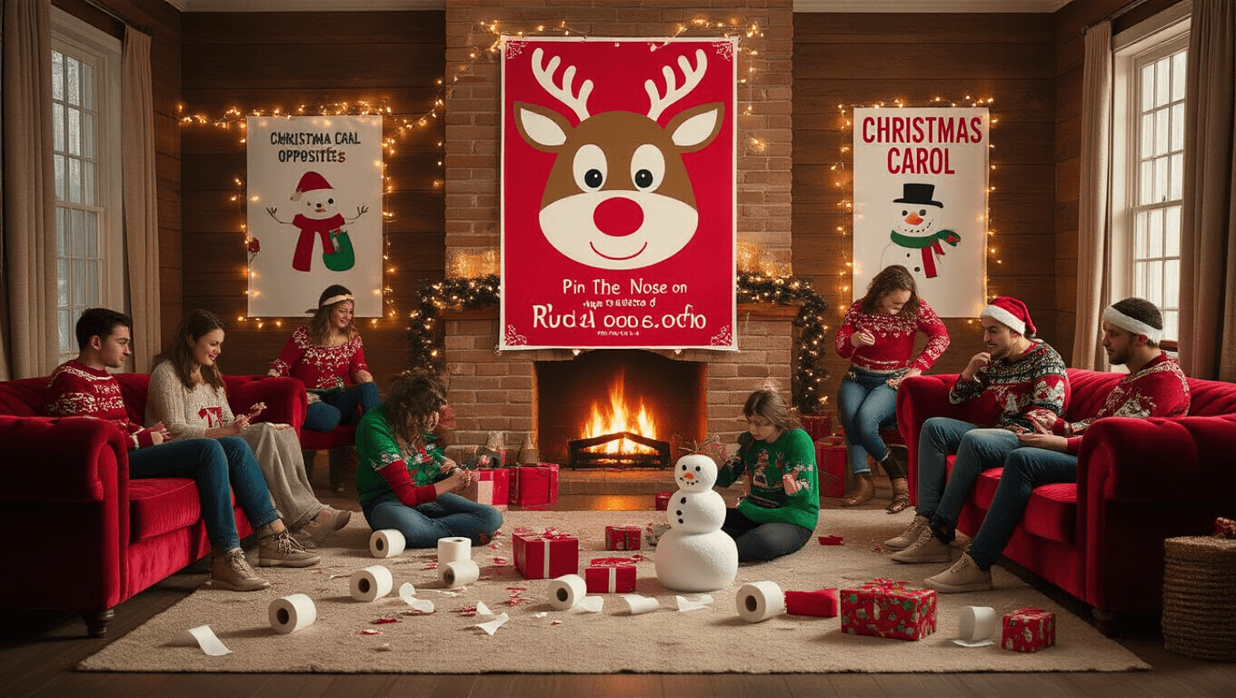 A cozy living room scene filled with festive holiday party games, featuring "Pin the Nose on Rudolph," teams playing "Christmas Carol Opposites," and a "Mistletoe Kissing Toss." Decorated with string lights, a fireplace, and rich colors, the atmosphere is warm and inviting, highlighting playful activities and details like ugly Christmas sweaters and scattered toilet paper rolls.