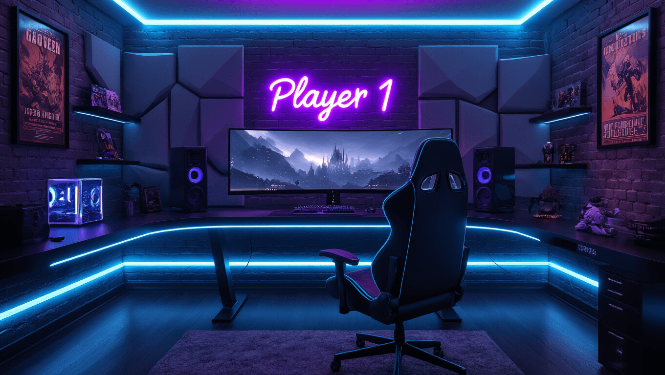 A luxurious futuristic gaming room featuring a curved ultrawide monitor, sleek black desk with blue LED strips, black leather gaming chair, neon signage, and ambient RGB lighting, all captured in photorealistic detail with dramatic angles and cinematic lighting.