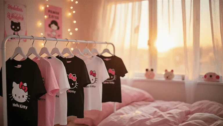 A dreamy lifestyle shot featuring a collection of Hello Kitty t-shirts on a white clothing rack, illuminated by golden hour sunlight with fairy lights twinkling in the background. The scene includes vintage posters and kawaii decor, enhanced with a film grain texture and a pastel color palette of pink, white, and black accents.