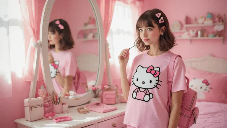 A young woman models a Hello Kitty t-shirt in a sunlit pink bedroom, reflecting in a full-length mirror, surrounded by kawaii accessories and pastel-colored decor.