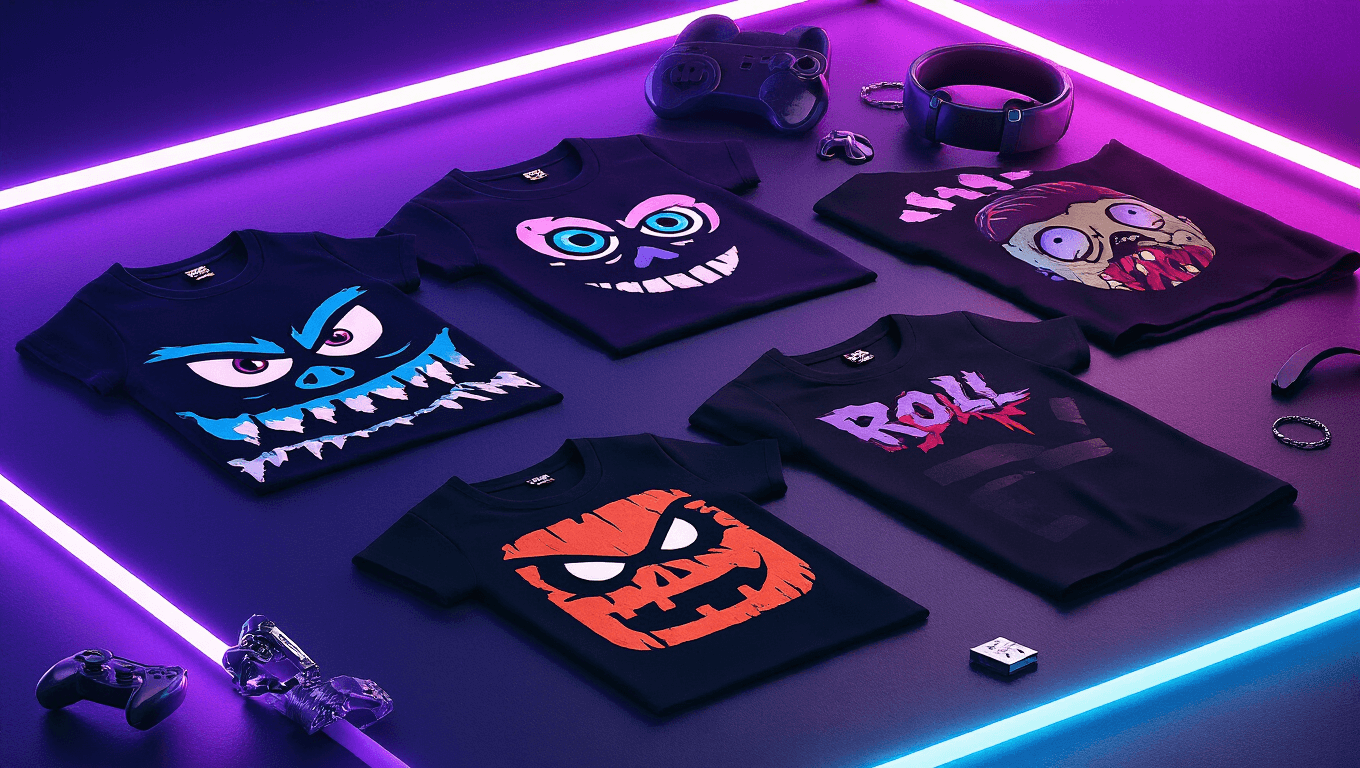 Stylized product photography of horror-themed Roblox t-shirts on a matte black surface, illuminated by purple and blue neon lights, featuring creepy designs and scattered gaming accessories.